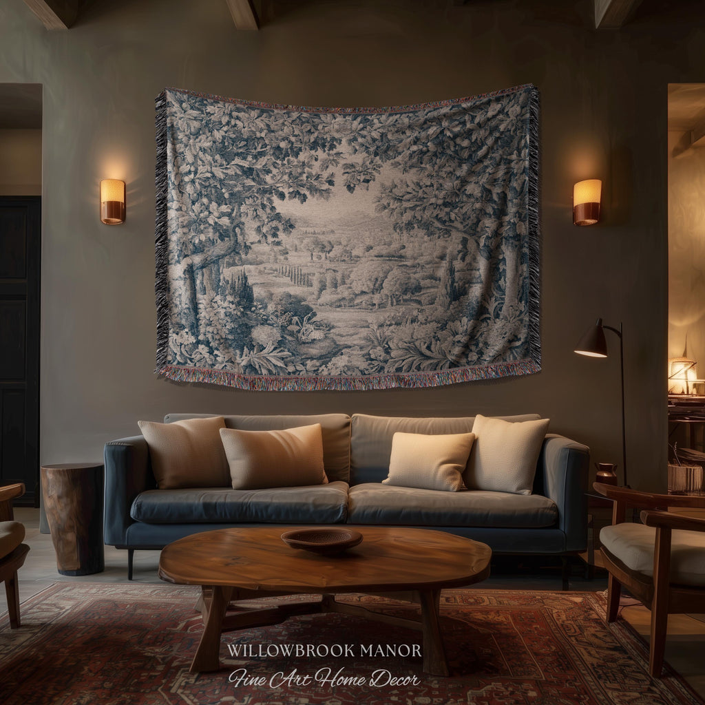 Verdure Scenery Indigo Wall Hanging | Woven Heirloom Heritage Landscape French Toile Style Jacquard Tree Tapestry Grandmillenial Old World