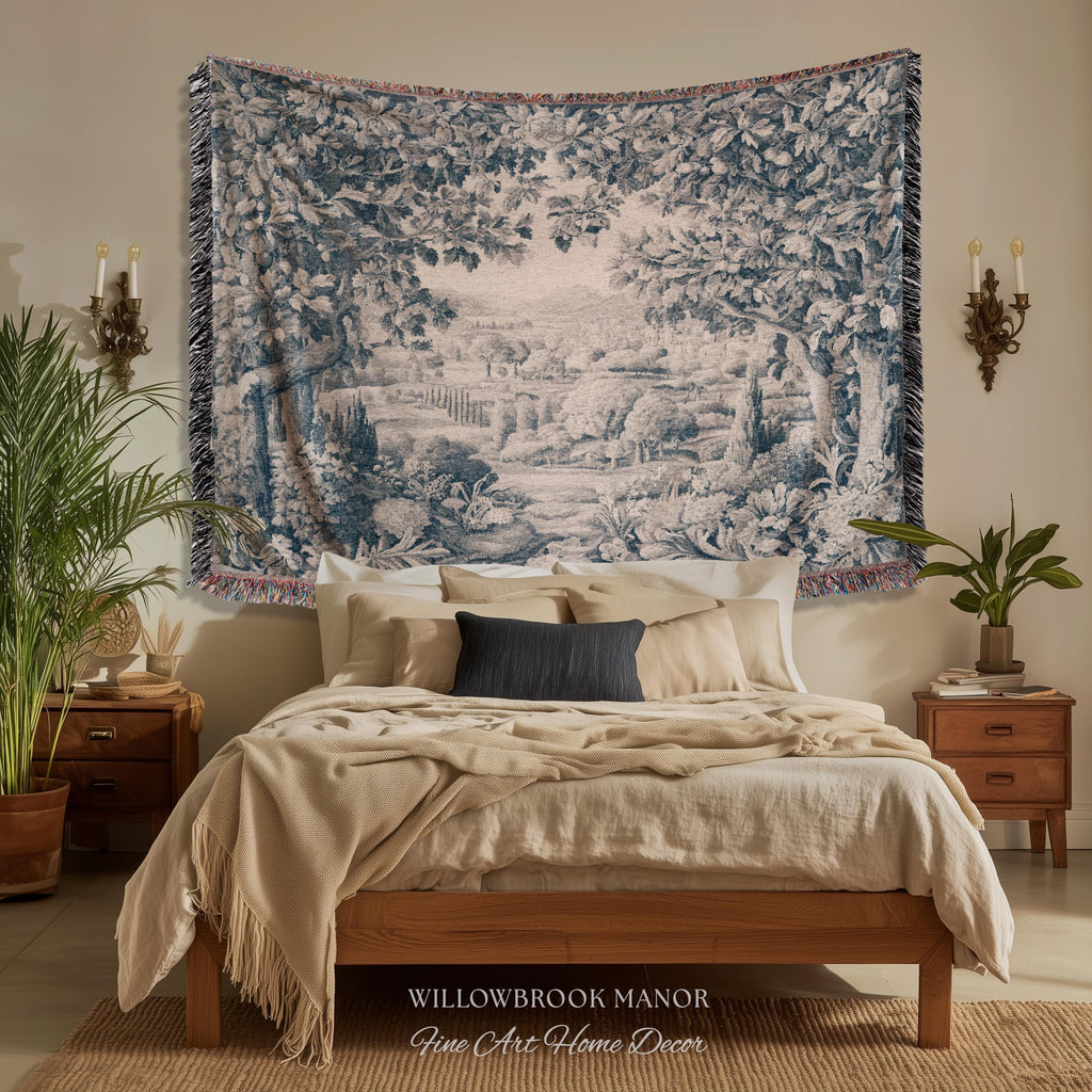 Verdure Scenery Indigo Wall Hanging | Woven Heirloom Heritage Landscape French Toile Style Jacquard Tree Tapestry Grandmillenial Old World