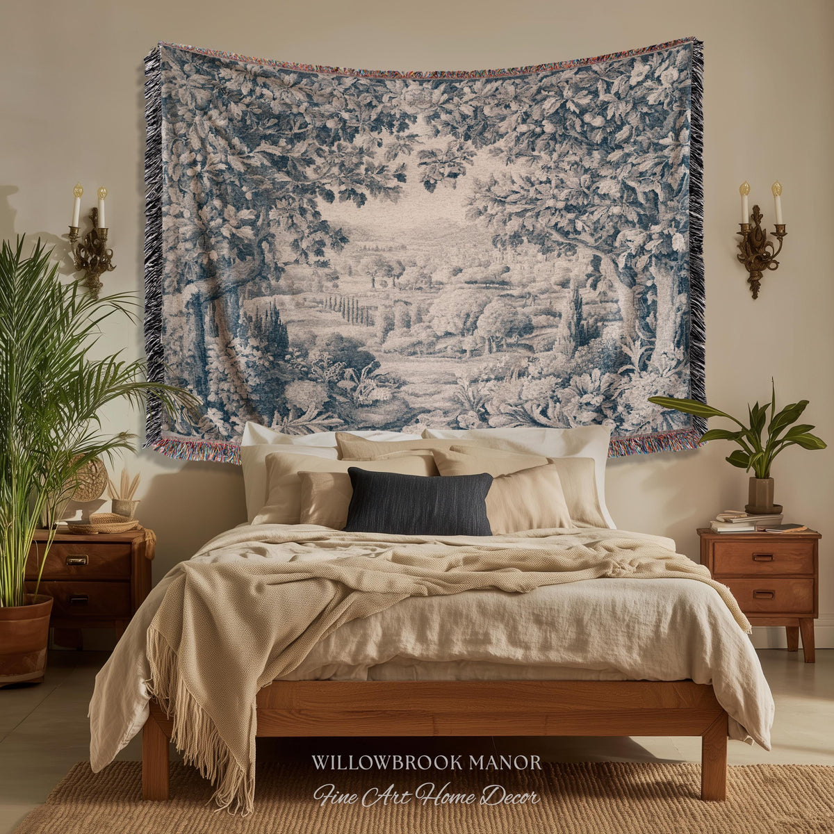 Verdure Scenery Indigo Wall Hanging | Woven Heirloom Heritage Landscape French Toile Style Jacquard Tree Tapestry Grandmillenial Old World