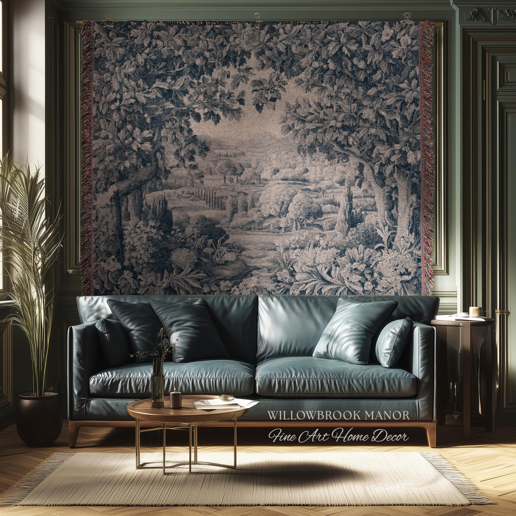Verdure Scenery Indigo Wall Hanging | Woven Heirloom Heritage Landscape French Toile Style Jacquard Tree Tapestry Grandmillenial Old World