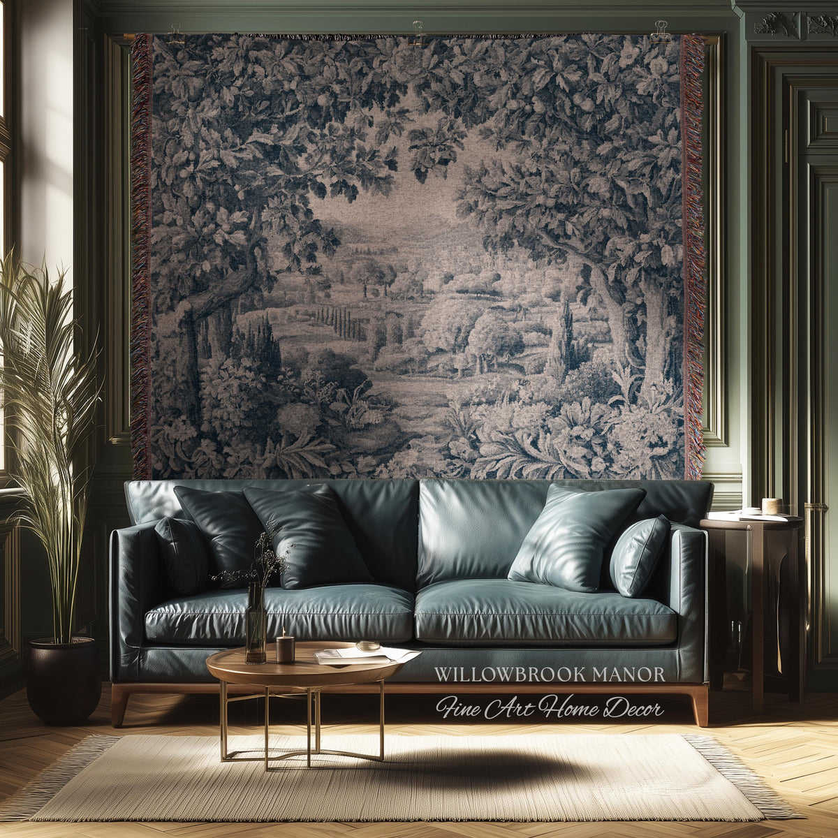 Verdure Scenery Indigo Wall Hanging | Woven Heirloom Heritage Landscape French Toile Style Jacquard Tree Tapestry Grandmillenial Old World