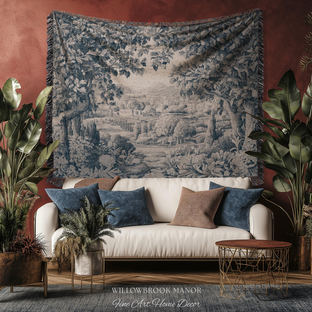 Verdure Scenery Indigo Wall Hanging | Woven Heirloom Heritage Landscape French Toile Style Jacquard Tree Tapestry Grandmillenial Old World