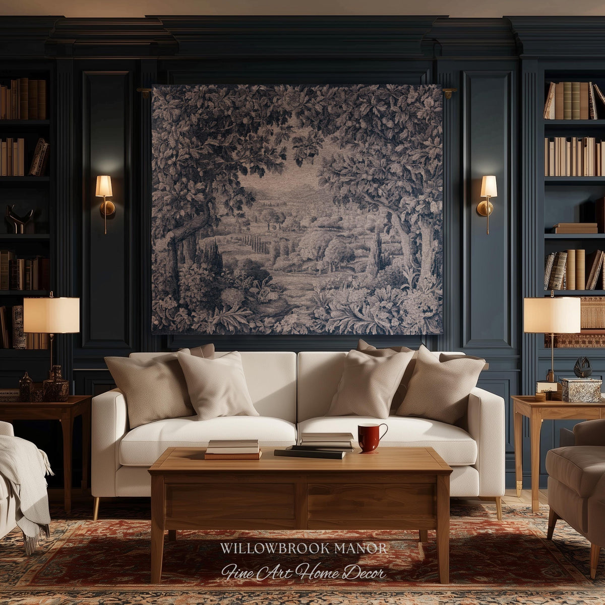 Verdure Scenery Indigo Wall Hanging | Woven Heirloom Heritage Landscape French Toile Style Jacquard Tree Tapestry Grandmillenial Old World