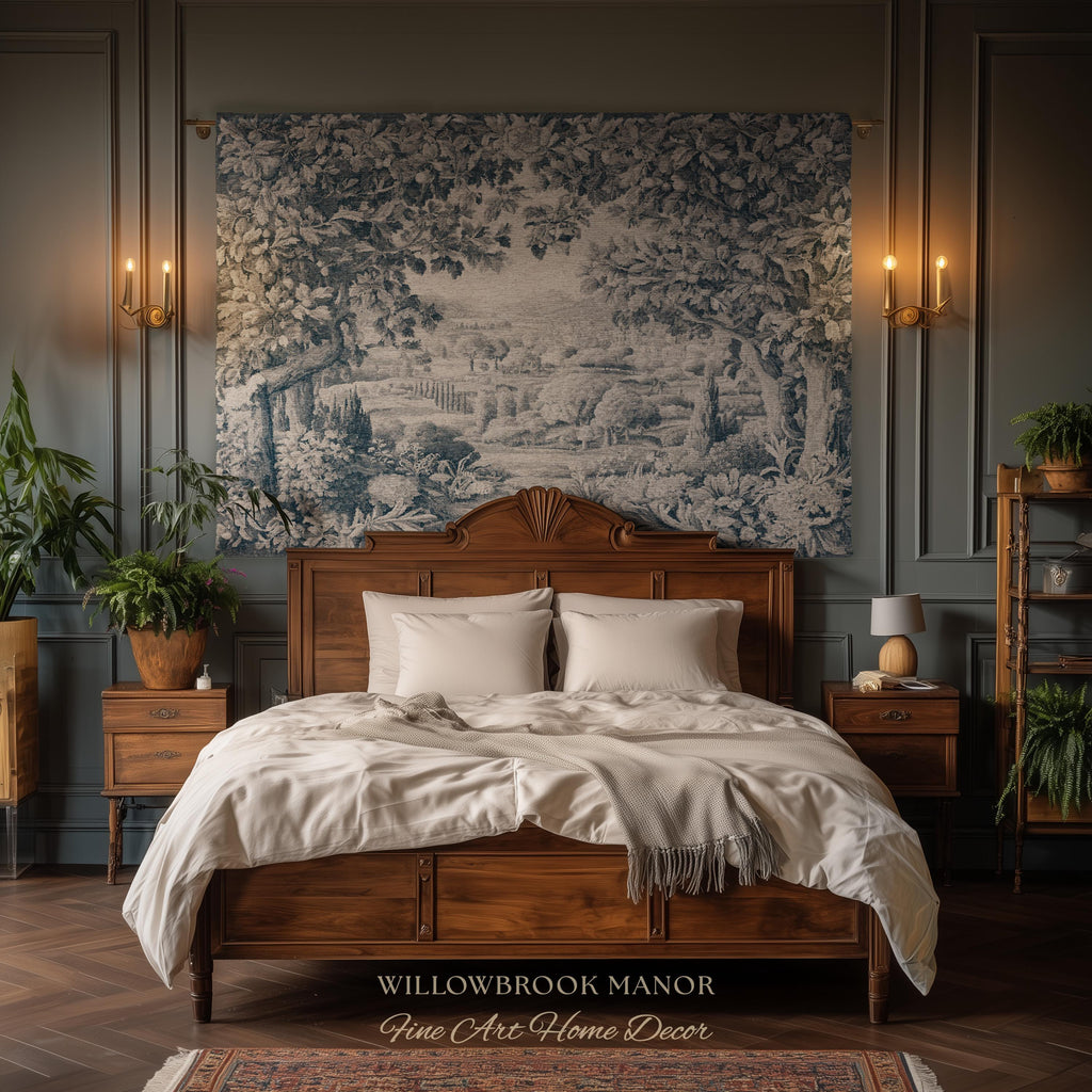 Verdure Scenery Indigo Wall Hanging | Woven Heirloom Heritage Landscape French Toile Style Jacquard Tree Tapestry Grandmillenial Old World