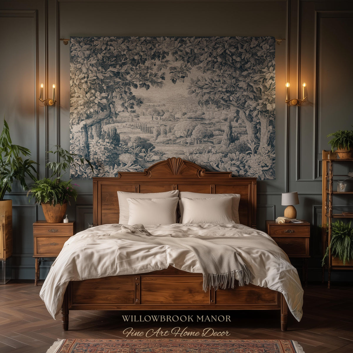 Verdure Scenery Indigo Wall Hanging | Woven Heirloom Heritage Landscape French Toile Style Jacquard Tree Tapestry Grandmillenial Old World