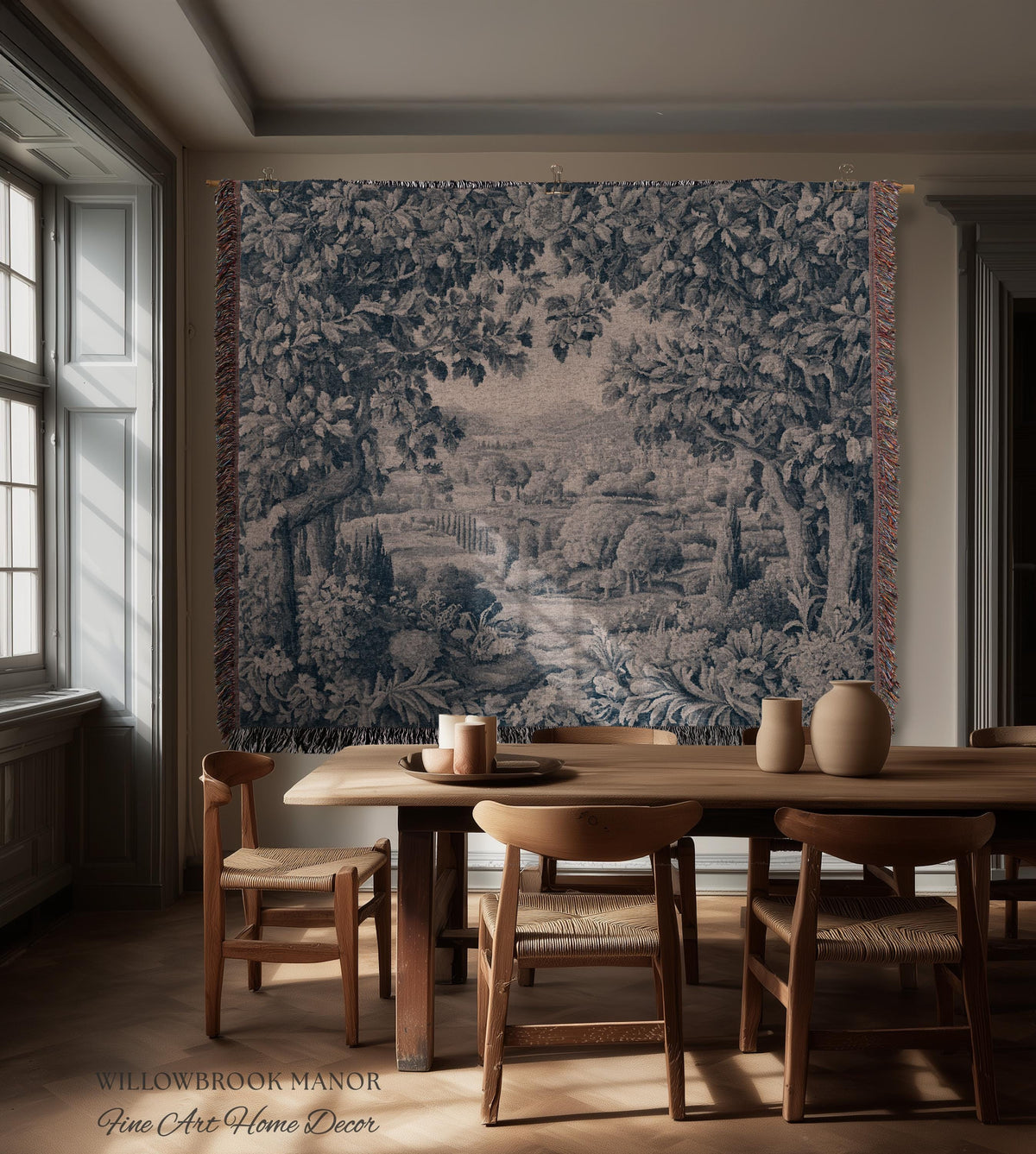 Verdure Scenery Indigo Wall Hanging | Woven Heirloom Heritage Landscape French Toile Style Jacquard Tree Tapestry Grandmillenial Old World