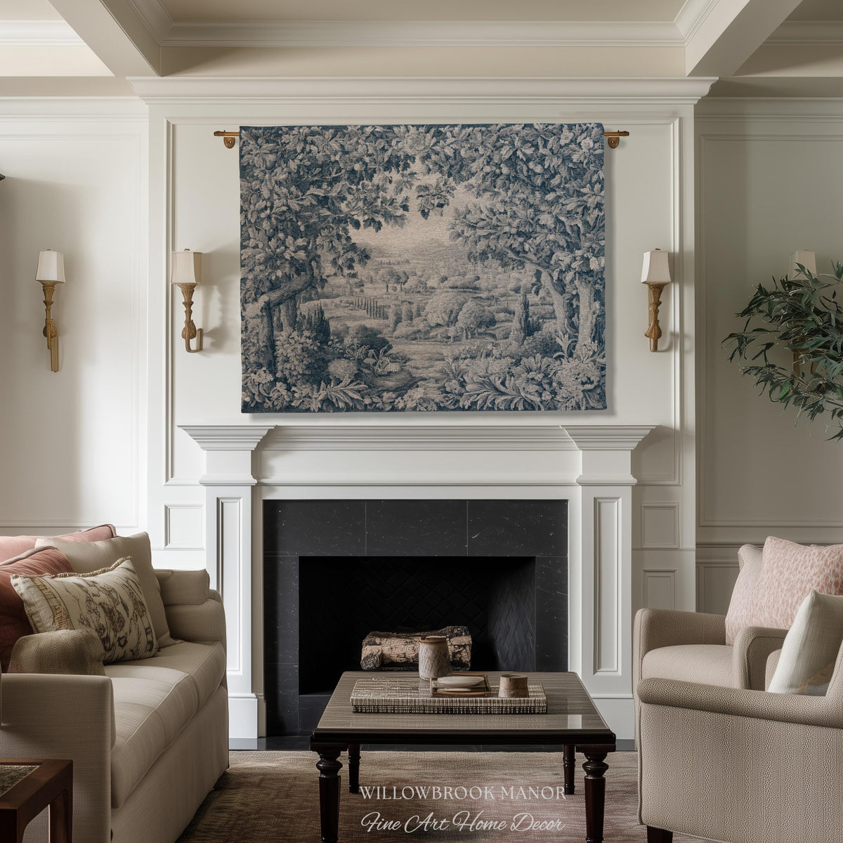 Verdure Scenery Indigo Wall Hanging | Woven Heirloom Heritage Landscape French Toile Style Jacquard Tree Tapestry Grandmillenial Old World