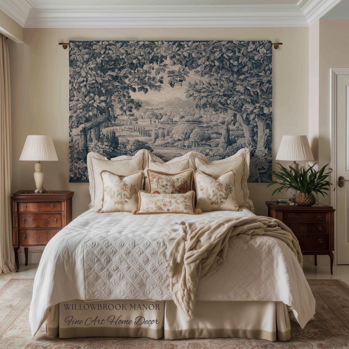 Verdure Scenery Indigo Wall Hanging | Woven Heirloom Heritage Landscape French Toile Style Jacquard Tree Tapestry Grandmillenial Old World