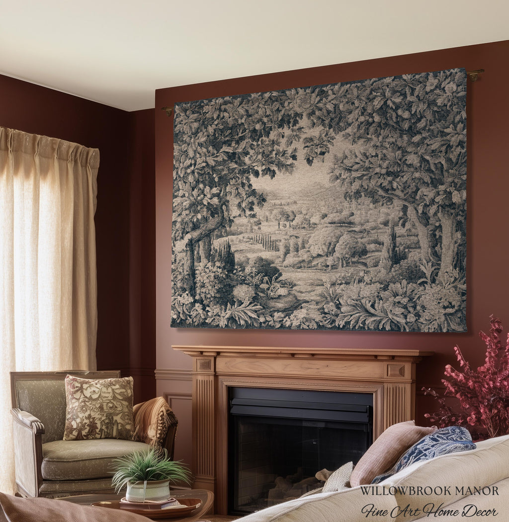 Verdure Scenery Indigo Wall Hanging | Woven Heirloom Heritage Landscape French Toile Style Jacquard Tree Tapestry Grandmillenial Old World