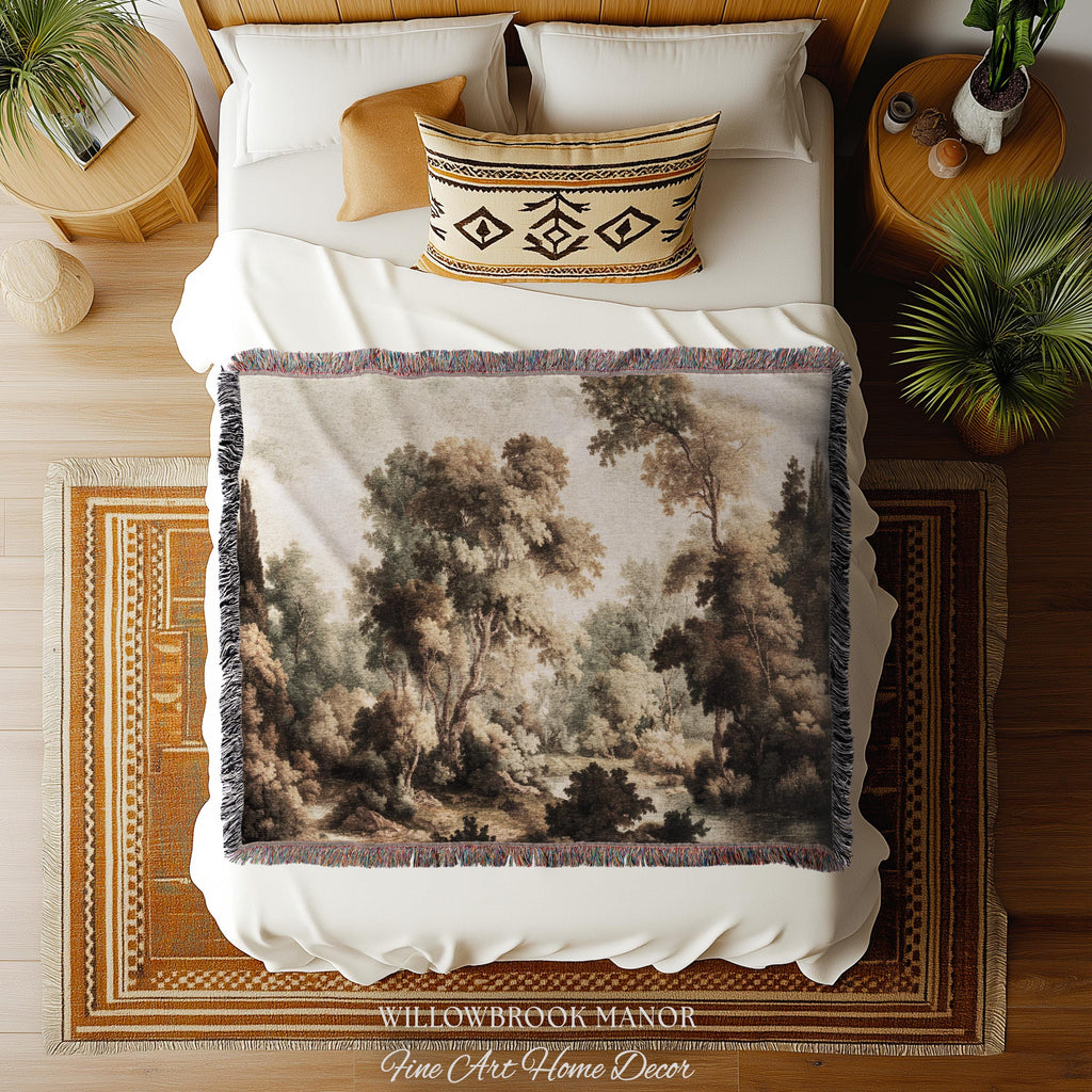 Misty Woodland Forest Landscape Tapestry Classic Elegance Woven Wall Art | Heritage Style Farmhouse Antique Forest Blanket Earthy Home Decor
