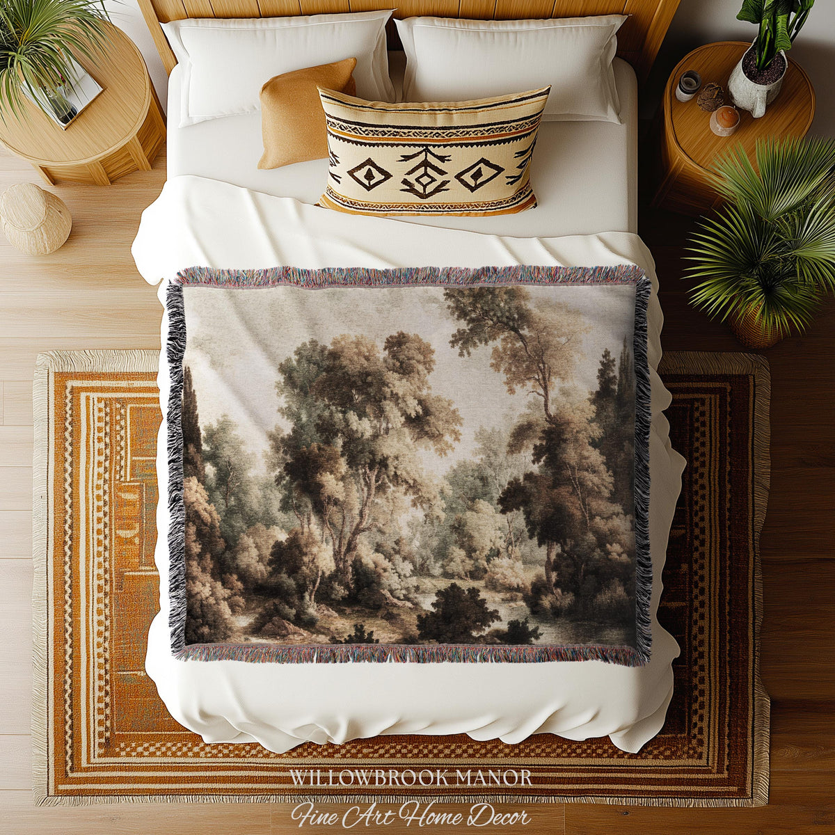 Misty Woodland Forest Landscape Tapestry Classic Elegance Woven Wall Art | Heritage Style Farmhouse Antique Forest Blanket Earthy Home Decor