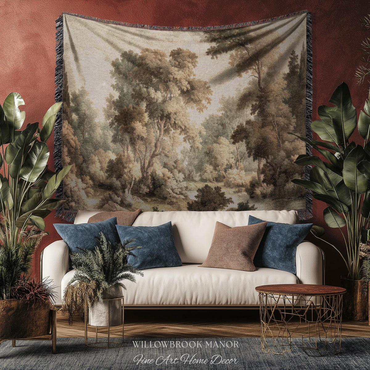 Misty Woodland Forest Landscape Tapestry Classic Elegance Woven Wall Art | Heritage Style Farmhouse Antique Forest Blanket Earthy Home Decor