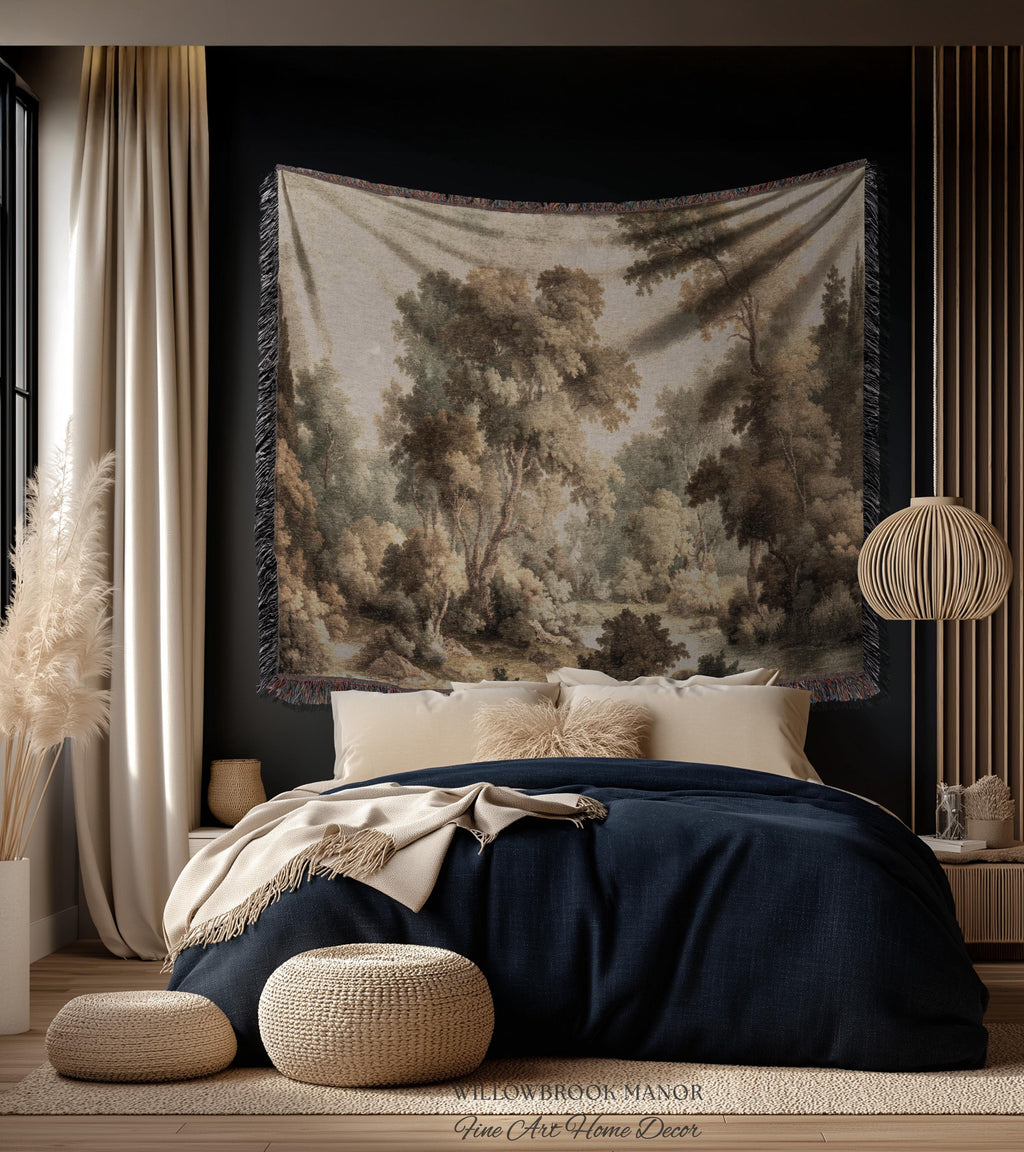 Misty Woodland Forest Landscape Tapestry Classic Elegance Woven Wall Art | Heritage Style Farmhouse Antique Forest Blanket Earthy Home Decor