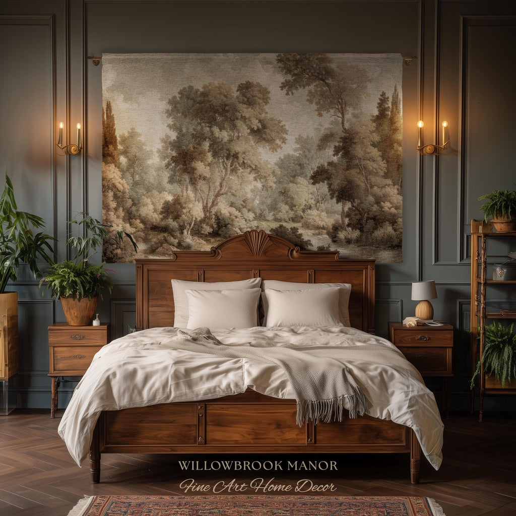 Misty Woodland Forest Landscape Tapestry Classic Elegance Woven Wall Art | Heritage Style Farmhouse Antique Forest Blanket Earthy Home Decor