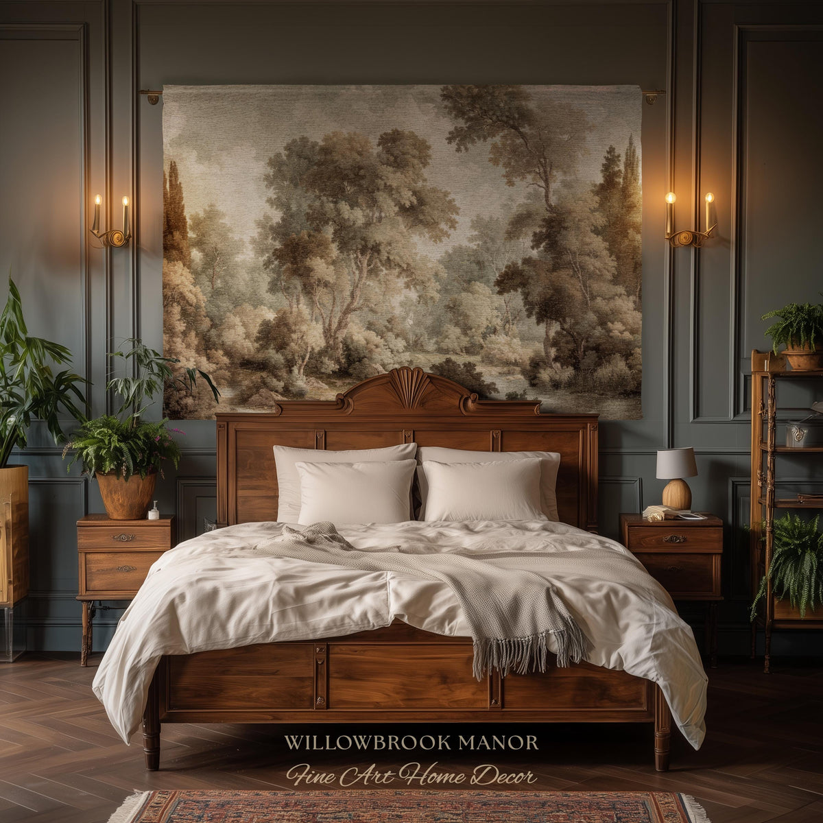 Misty Woodland Forest Landscape Tapestry Classic Elegance Woven Wall Art | Heritage Style Farmhouse Antique Forest Blanket Earthy Home Decor