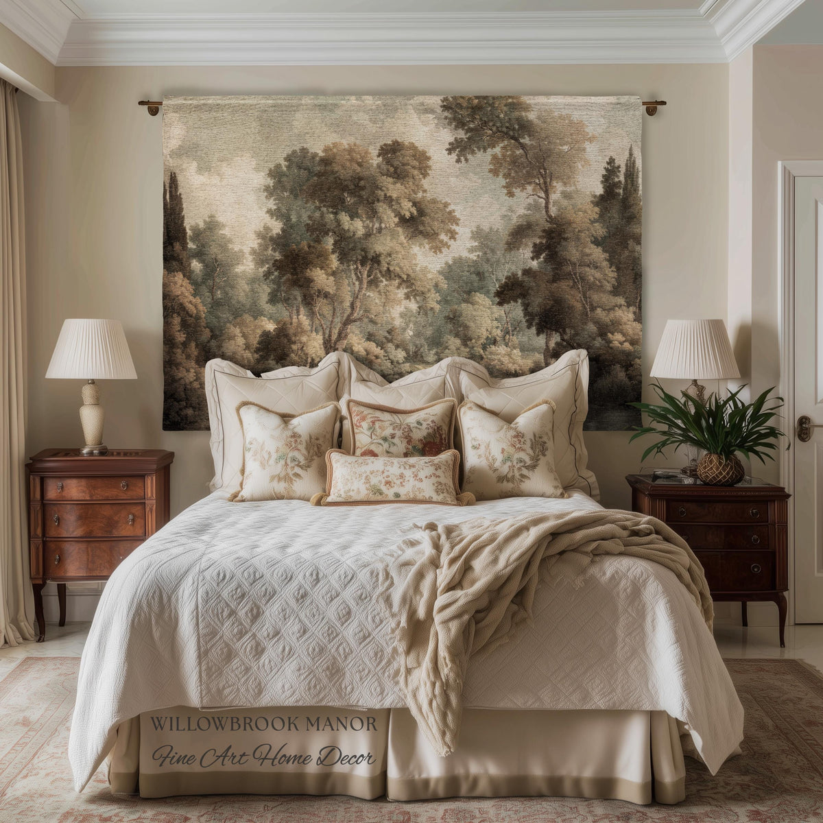 Misty Woodland Forest Landscape Tapestry Classic Elegance Woven Wall Art | Heritage Style Farmhouse Antique Forest Blanket Earthy Home Decor