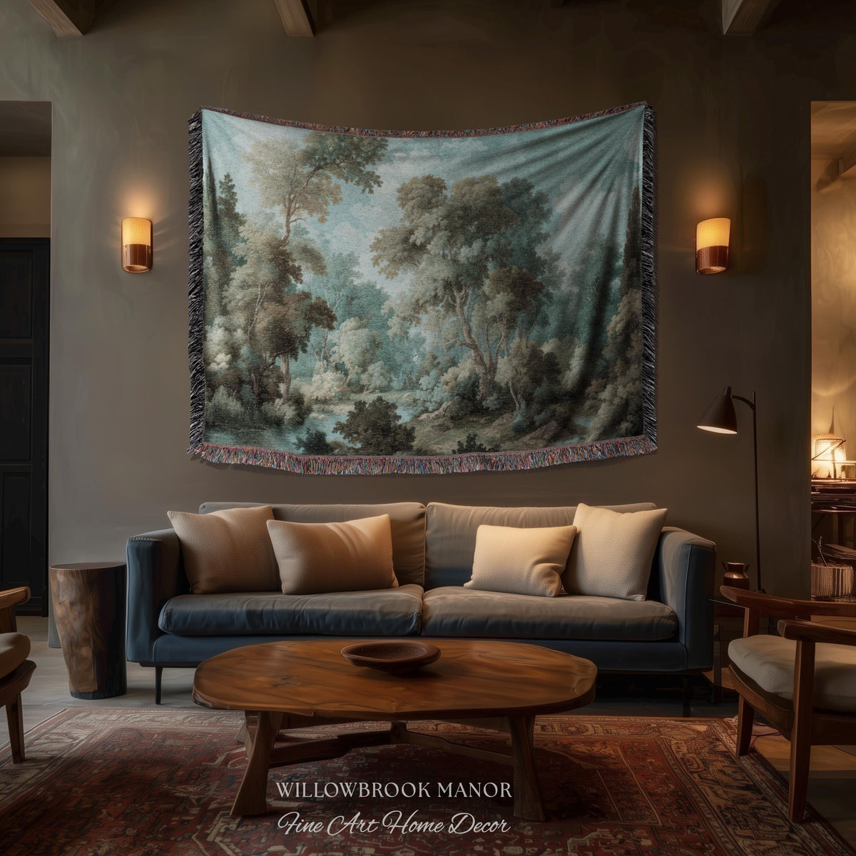 Dreamy Landscape French Chateau Style Woodland Tapestry Soft Nature Decor | Misty Forest Art Cozy Cottage Nostalgic Throw Woven Wall Blanket