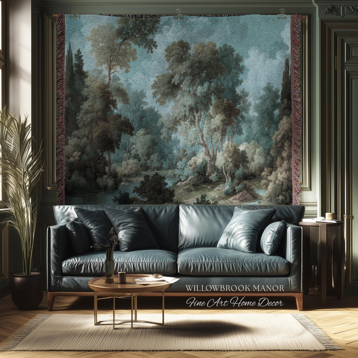 Dreamy Landscape French Chateau Style Woodland Tapestry Soft Nature Decor | Misty Forest Art Cozy Cottage Nostalgic Throw Woven Wall Blanket