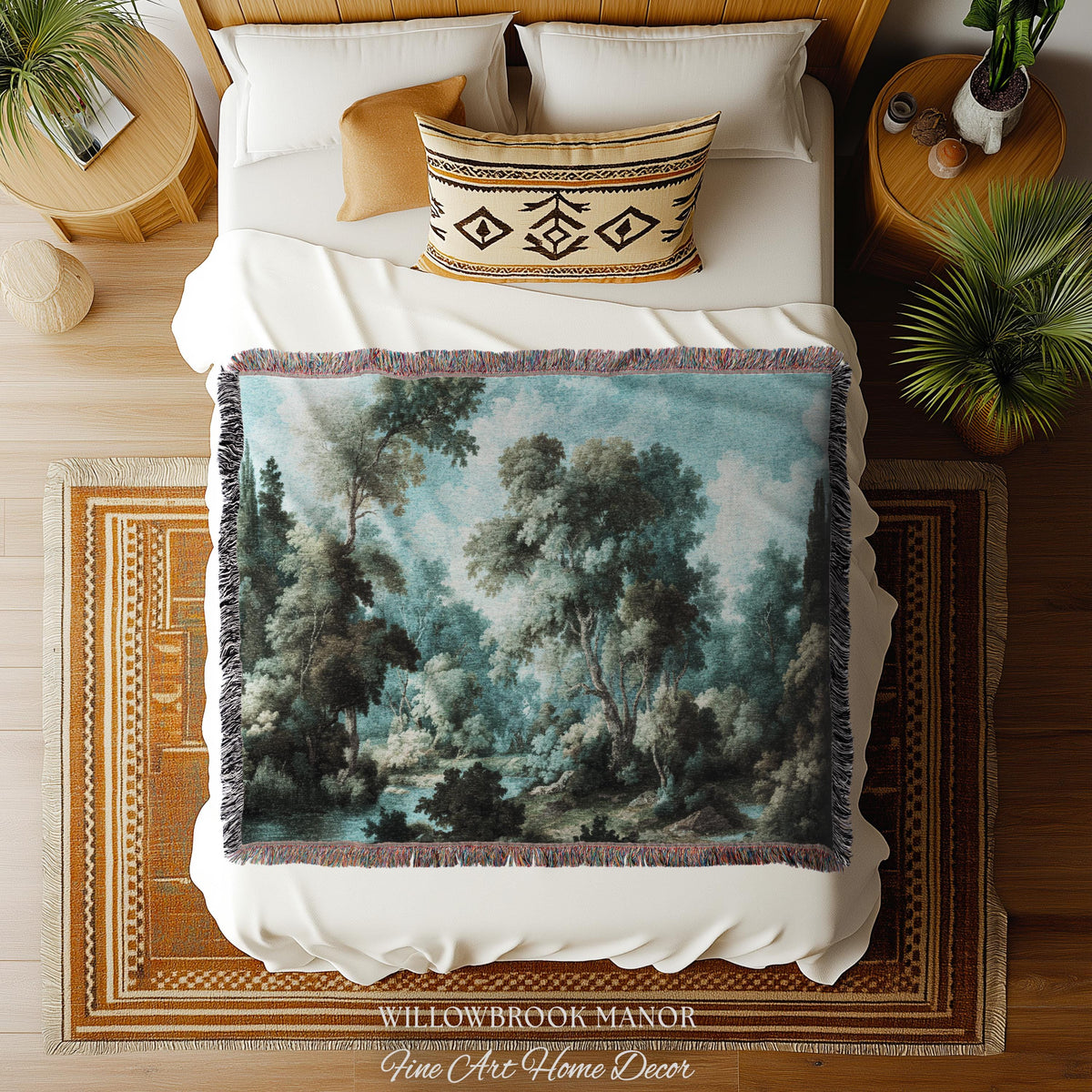 Dreamy Landscape French Chateau Style Woodland Tapestry Soft Nature Decor | Misty Forest Art Cozy Cottage Nostalgic Throw Woven Wall Blanket