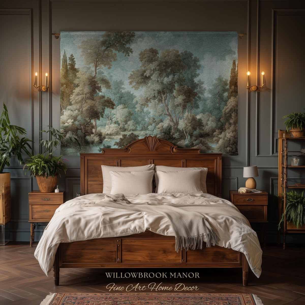 Dreamy Landscape French Chateau Style Woodland Tapestry Soft Nature Decor | Misty Forest Art Cozy Cottage Nostalgic Throw Woven Wall Blanket