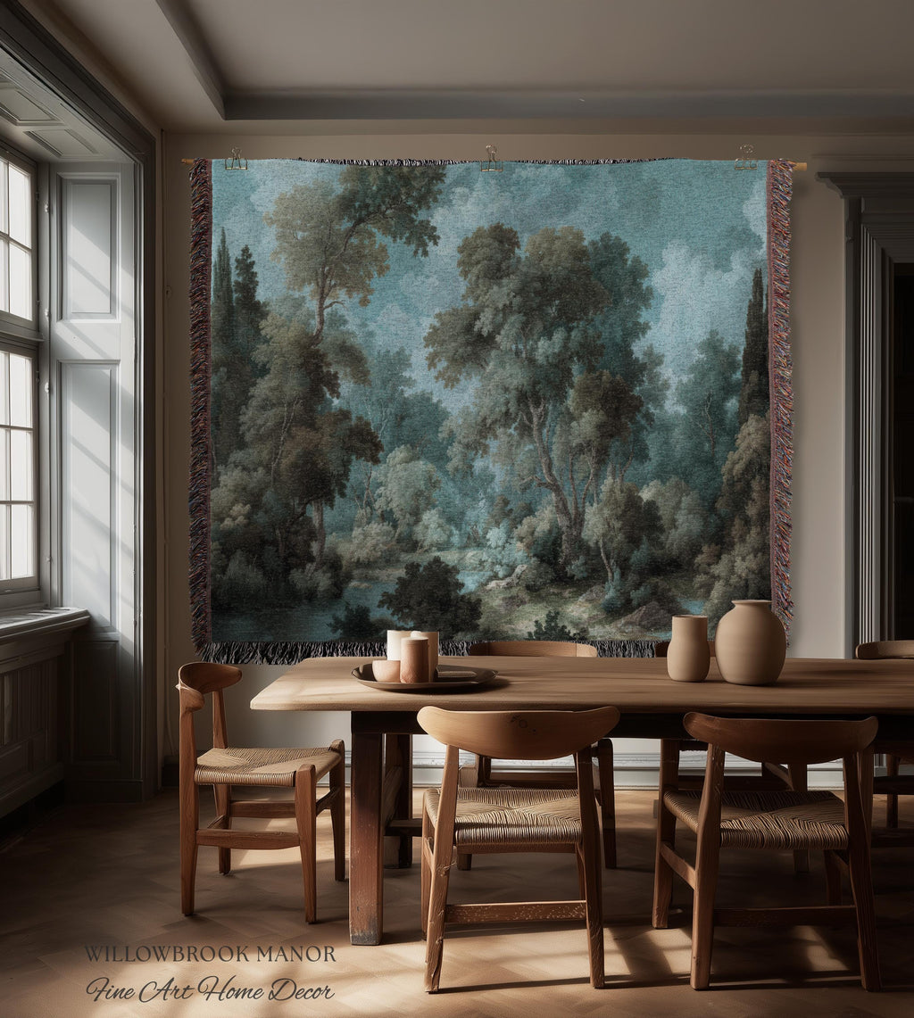 Dreamy Landscape French Chateau Style Woodland Tapestry Soft Nature Decor | Misty Forest Art Cozy Cottage Nostalgic Throw Woven Wall Blanket