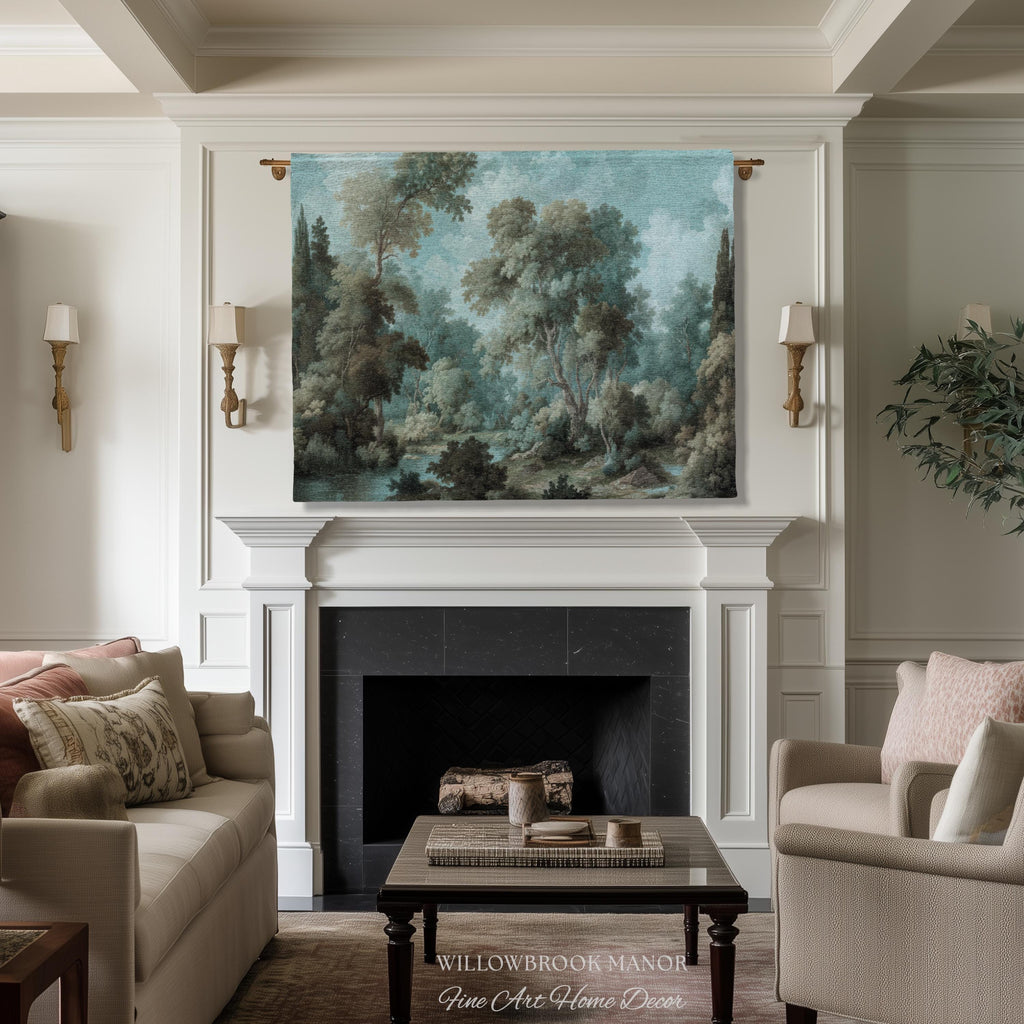 Dreamy Landscape French Chateau Style Woodland Tapestry Soft Nature Decor | Misty Forest Art Cozy Cottage Nostalgic Throw Woven Wall Blanket