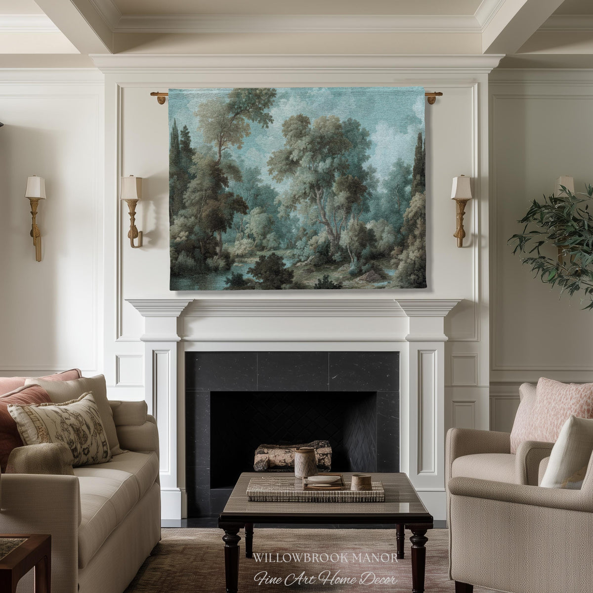 Dreamy Landscape French Chateau Style Woodland Tapestry Soft Nature Decor | Misty Forest Art Cozy Cottage Nostalgic Throw Woven Wall Blanket