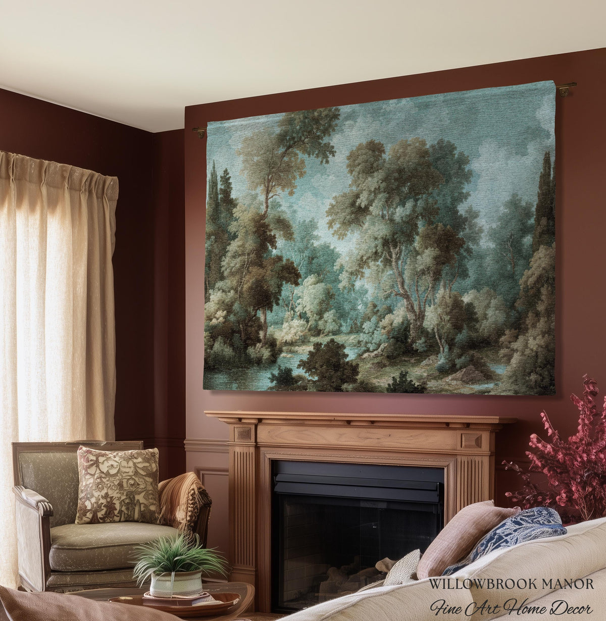 Dreamy Landscape French Chateau Style Woodland Tapestry Soft Nature Decor | Misty Forest Art Cozy Cottage Nostalgic Throw Woven Wall Blanket