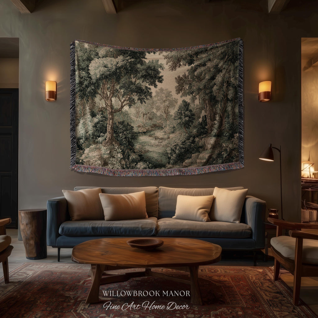Vintage Forest Traditional Jacquard Woven Tapestry Wall English Cottage Art | Tranquil Landscape Cozy Woodland Scene European Pastoral Decor