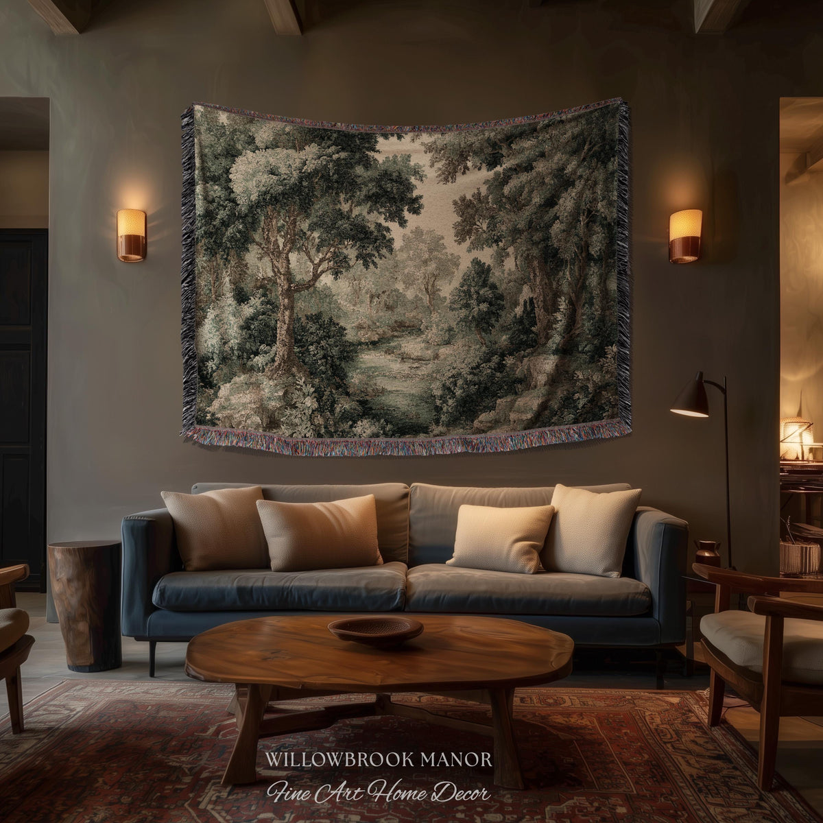 Vintage Forest Traditional Jacquard Woven Tapestry Wall English Cottage Art | Tranquil Landscape Cozy Woodland Scene European Pastoral Decor
