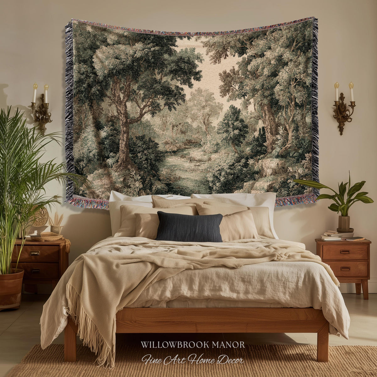 Vintage Forest Traditional Jacquard Woven Tapestry Wall English Cottage Art | Tranquil Landscape Cozy Woodland Scene European Pastoral Decor