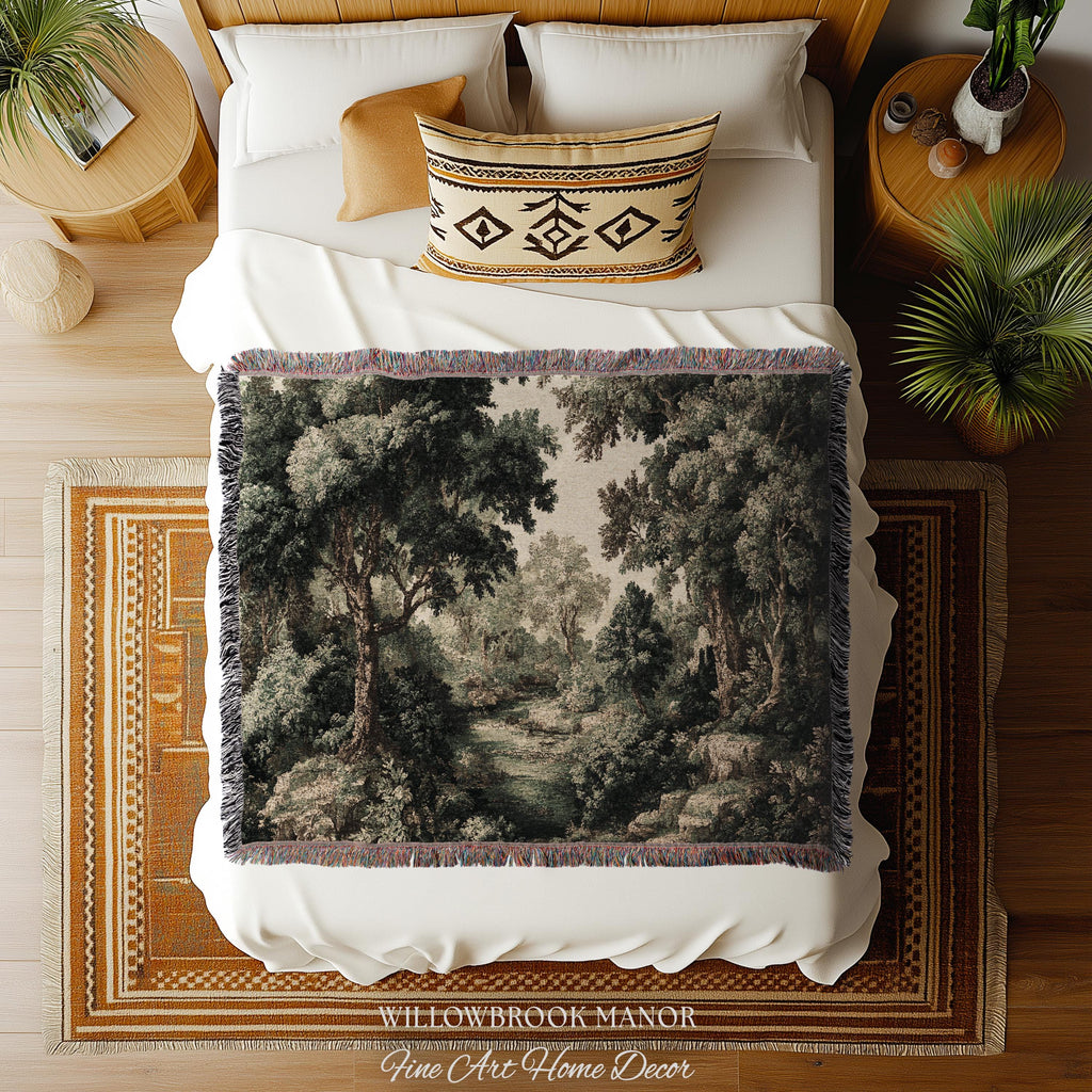 Vintage Forest Traditional Jacquard Woven Tapestry Wall English Cottage Art | Tranquil Landscape Cozy Woodland Scene European Pastoral Decor