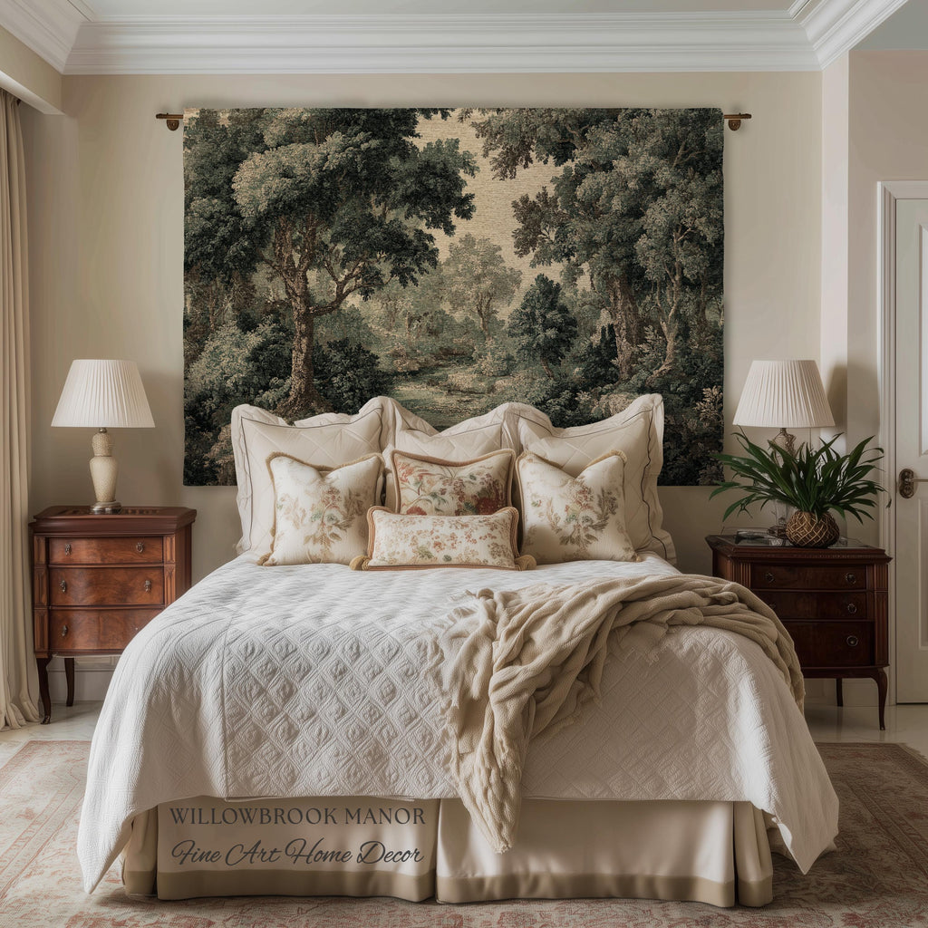 Vintage Forest Traditional Jacquard Woven Tapestry Wall English Cottage Art | Tranquil Landscape Cozy Woodland Scene European Pastoral Decor