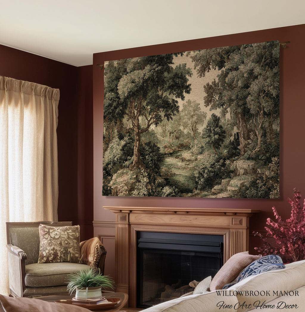 Vintage Forest Traditional Jacquard Woven Tapestry Wall English Cottage Art | Tranquil Landscape Cozy Woodland Scene European Pastoral Decor