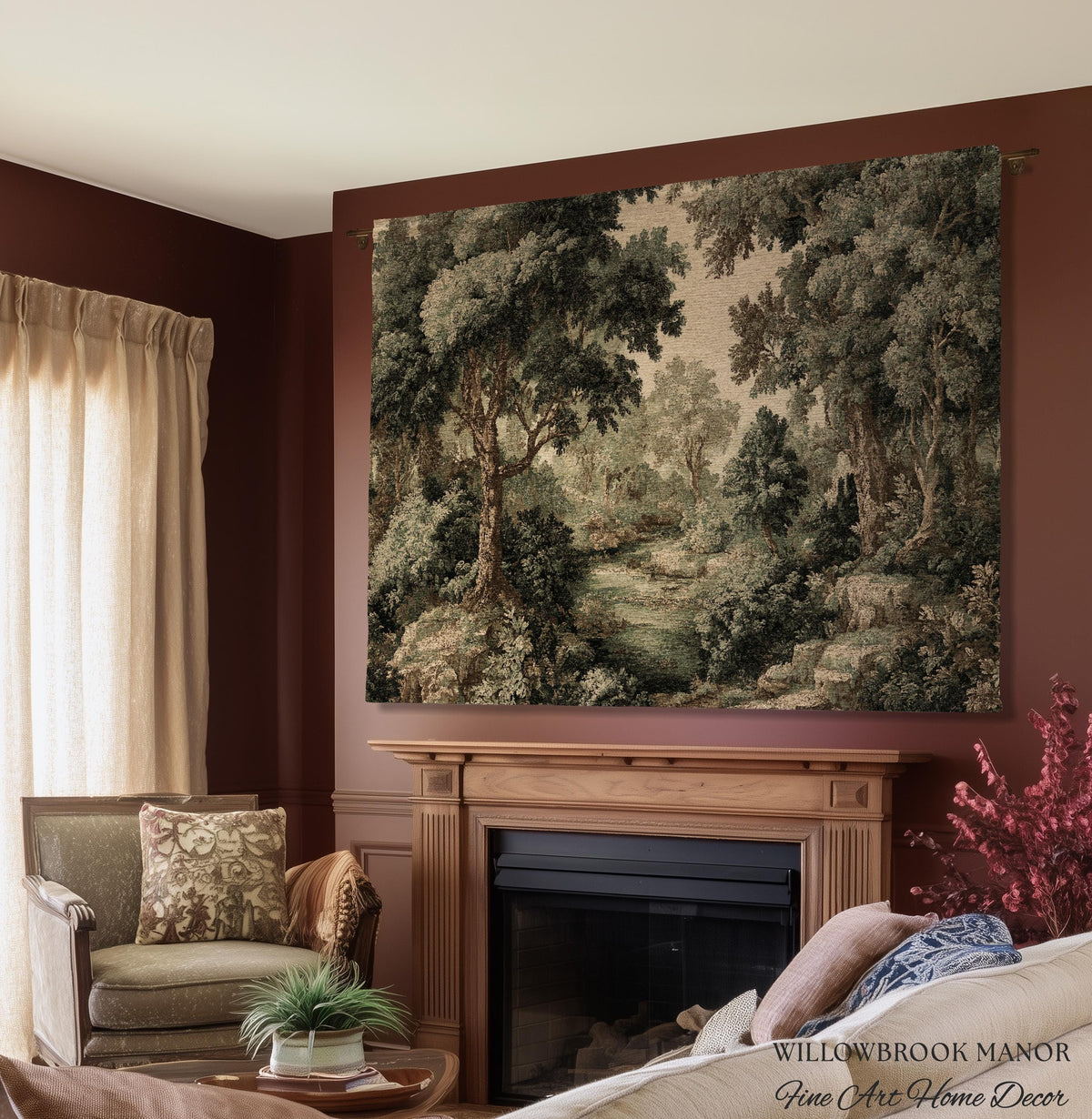 Vintage Forest Traditional Jacquard Woven Tapestry Wall English Cottage Art | Tranquil Landscape Cozy Woodland Scene European Pastoral Decor