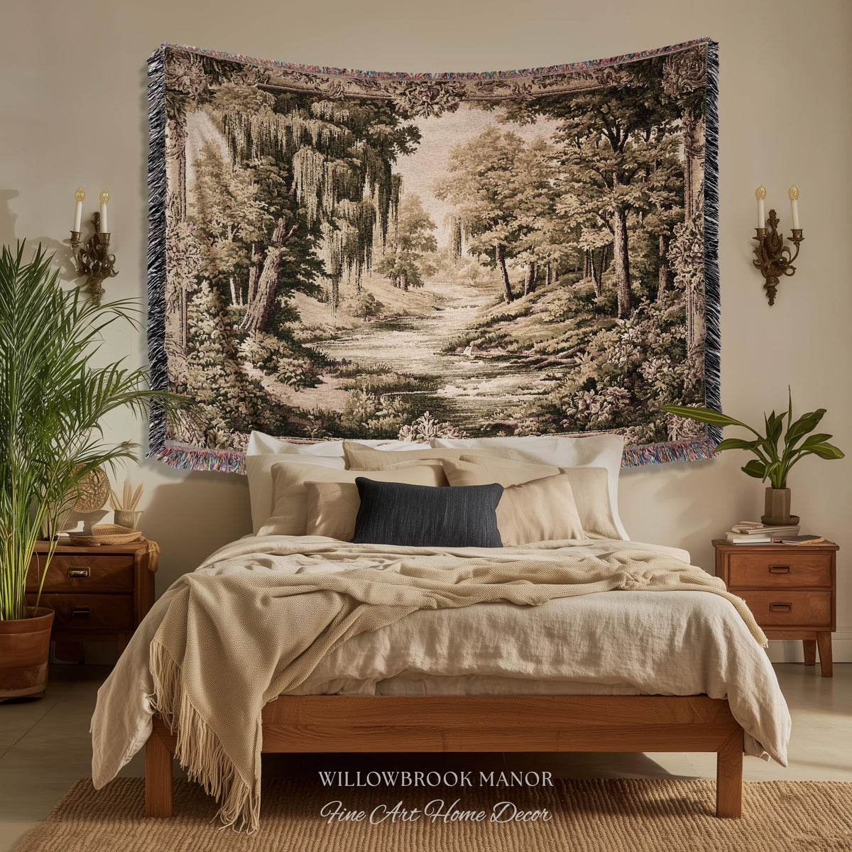 Rustic Elegance Willow Tree Landscape River Scene Tapestry Peaceful Blanket Throw | Antique European Art Woven Verdure Pastoral Wall Decor