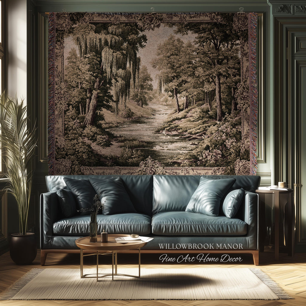 Rustic Elegance Willow Tree Landscape River Scene Tapestry Peaceful Blanket Throw | Antique European Art Woven Verdure Pastoral Wall Decor