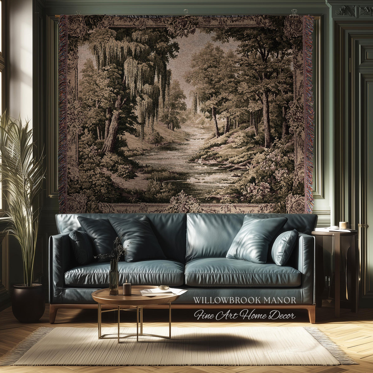 Rustic Elegance Willow Tree Landscape River Scene Tapestry Peaceful Blanket Throw | Antique European Art Woven Verdure Pastoral Wall Decor