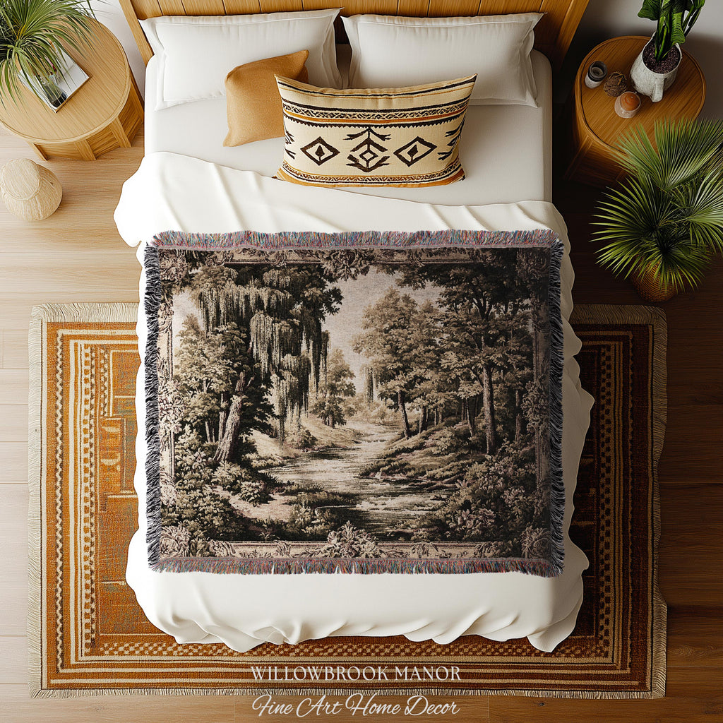 Rustic Elegance Willow Tree Landscape River Scene Tapestry Peaceful Blanket Throw | Antique European Art Woven Verdure Pastoral Wall Decor