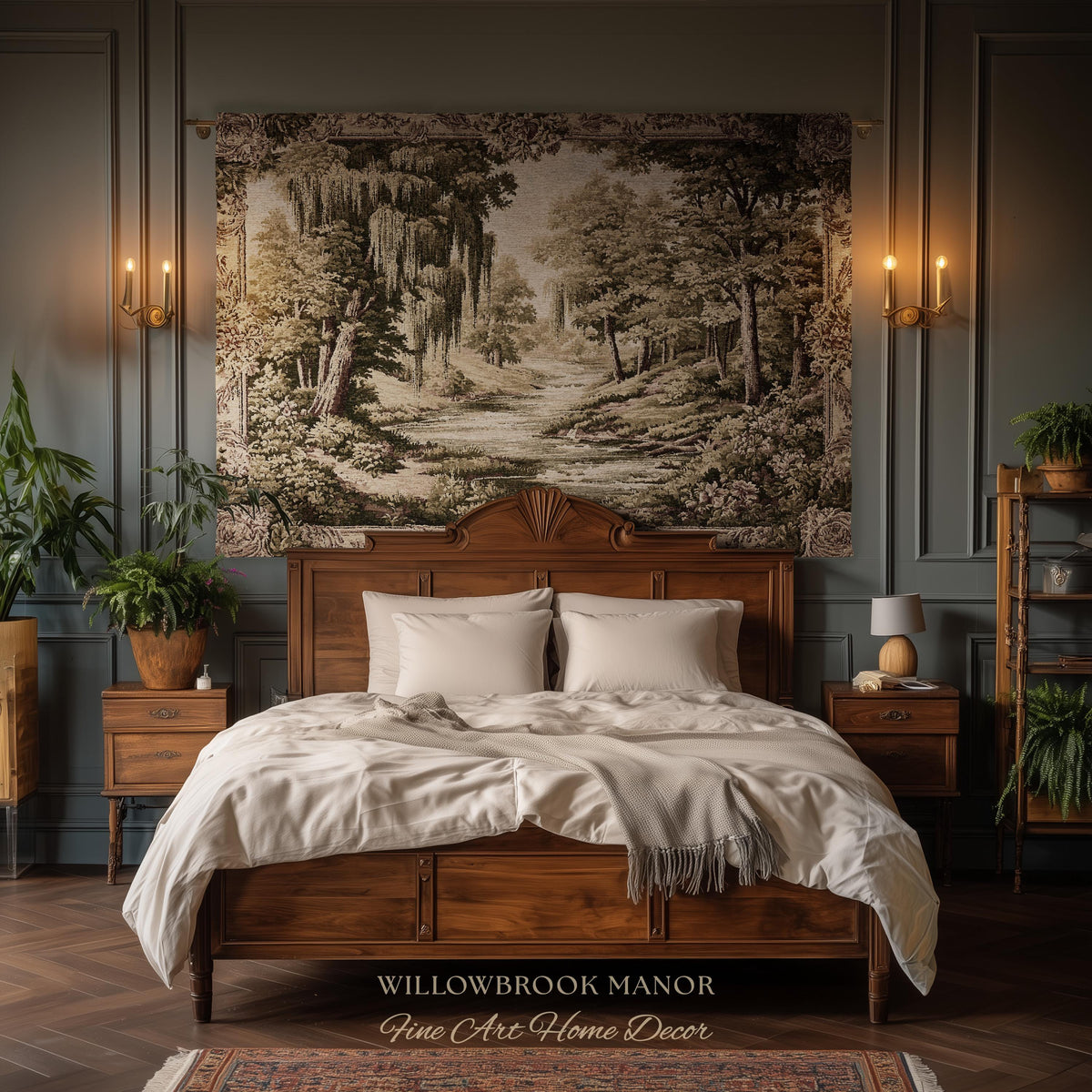 Rustic Elegance Willow Tree Landscape River Scene Tapestry Peaceful Blanket Throw | Antique European Art Woven Verdure Pastoral Wall Decor