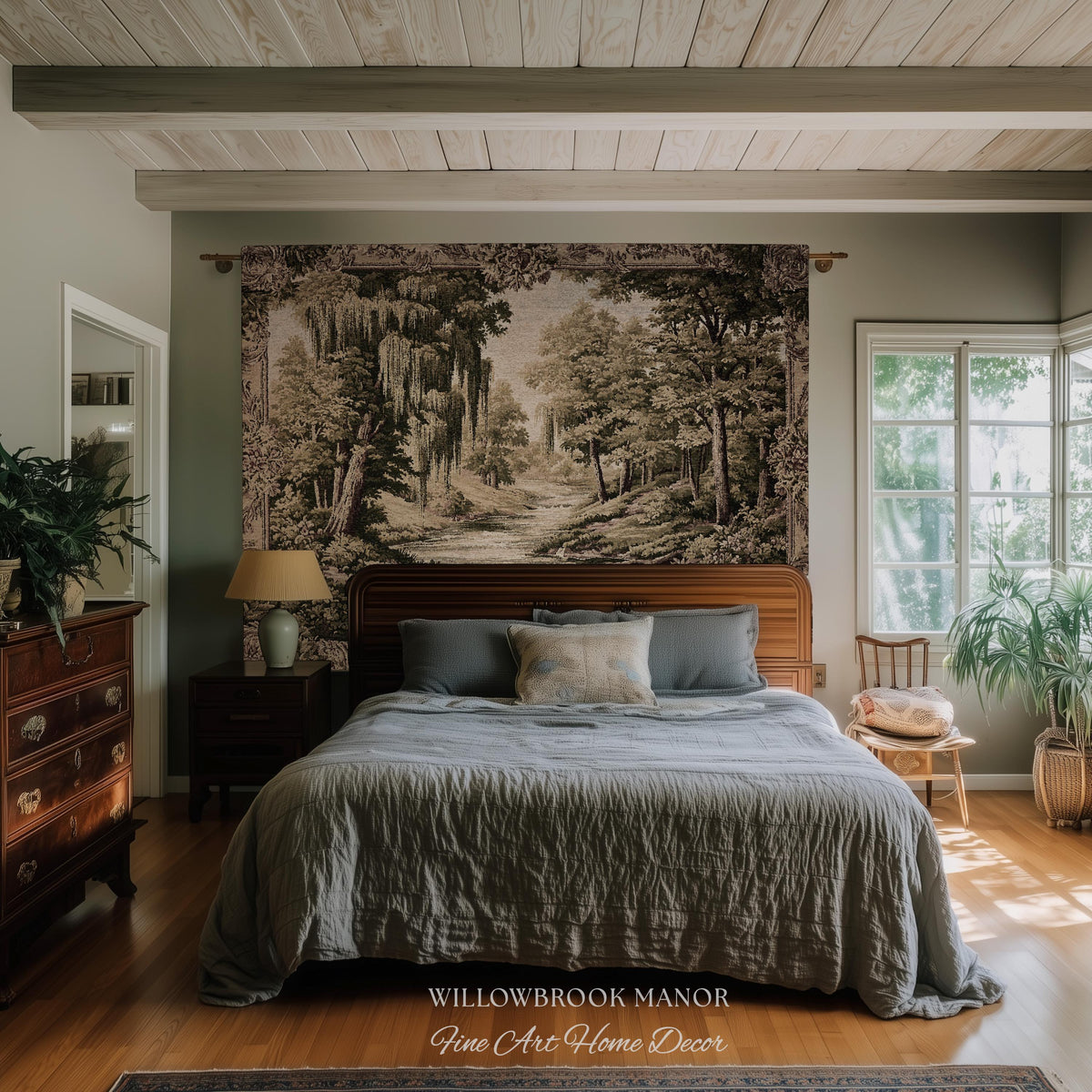 Rustic Elegance Willow Tree Landscape River Scene Tapestry Peaceful Blanket Throw | Antique European Art Woven Verdure Pastoral Wall Decor