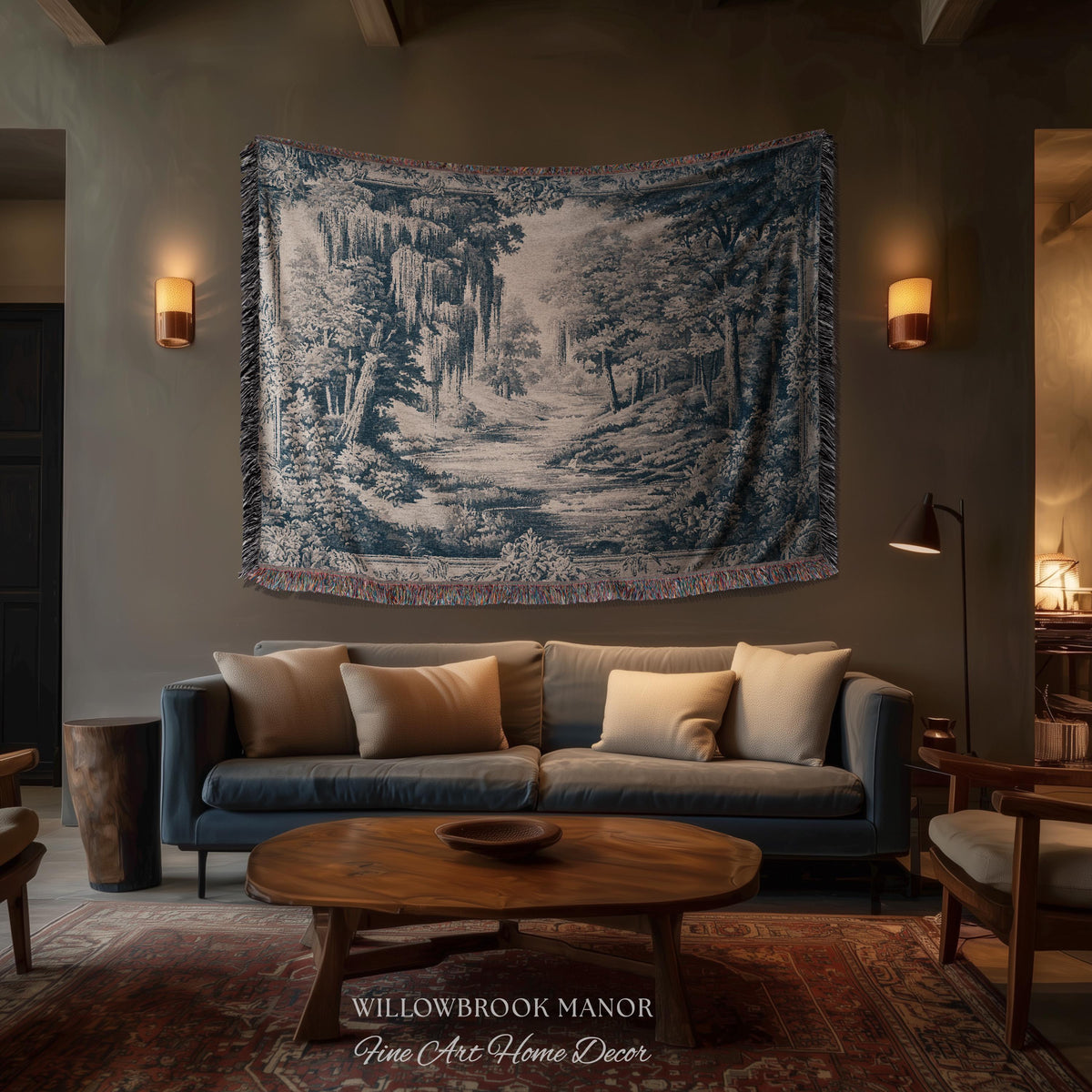 Museum Style Willow Woodland Woven Tapestry | Serene Pastoral Blue Landscape Rustic Elegance Jacquard Blanket Traditional Romantic Wall Art