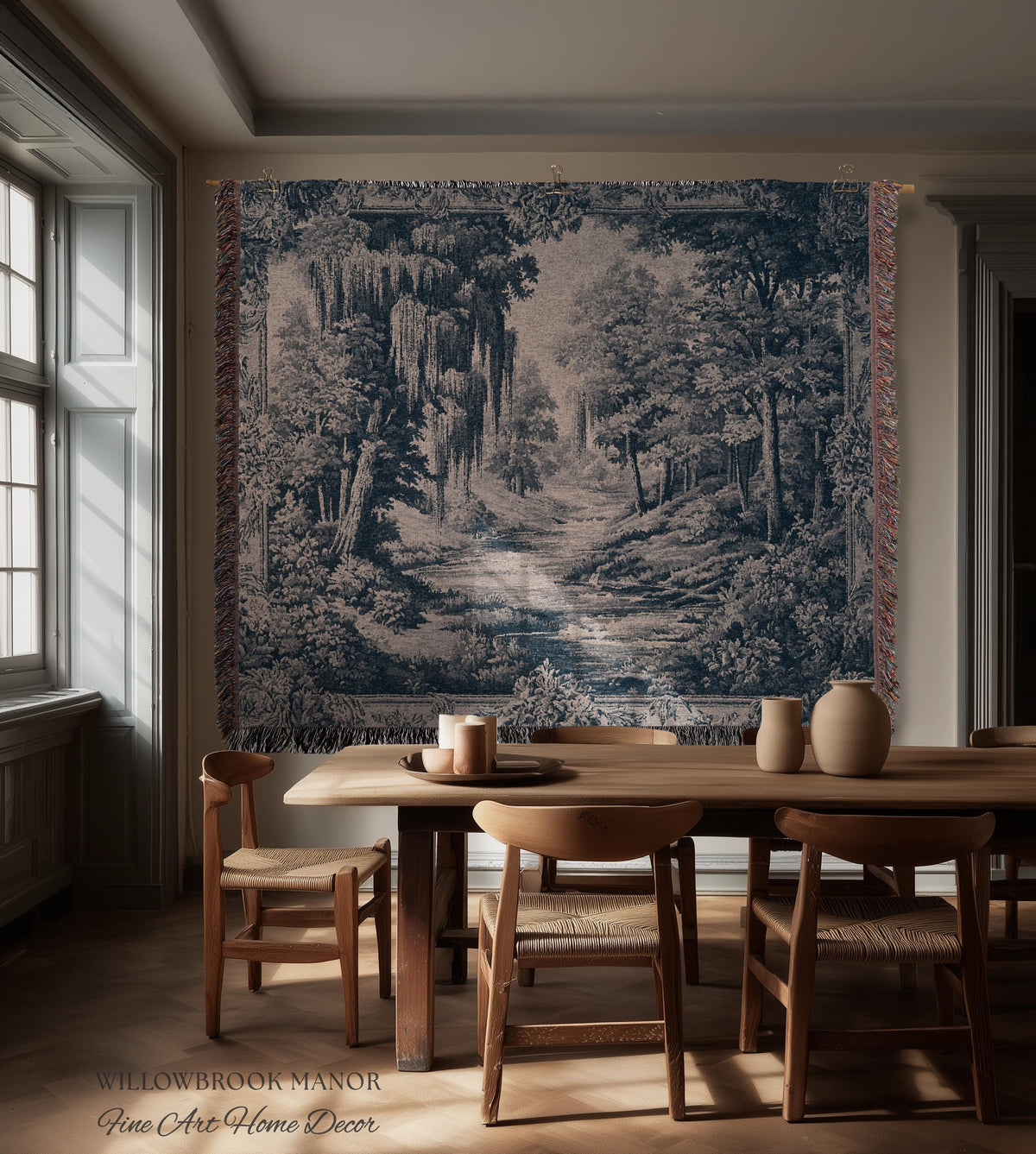 Museum Style Willow Woodland Woven Tapestry | Serene Pastoral Blue Landscape Rustic Elegance Jacquard Blanket Traditional Romantic Wall Art
