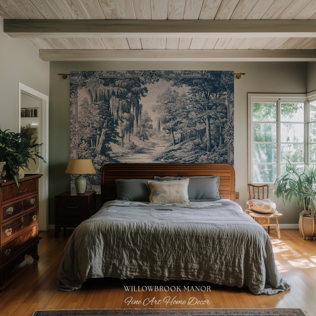 Museum Style Willow Woodland Woven Tapestry | Serene Pastoral Blue Landscape Rustic Elegance Jacquard Blanket Traditional Romantic Wall Art
