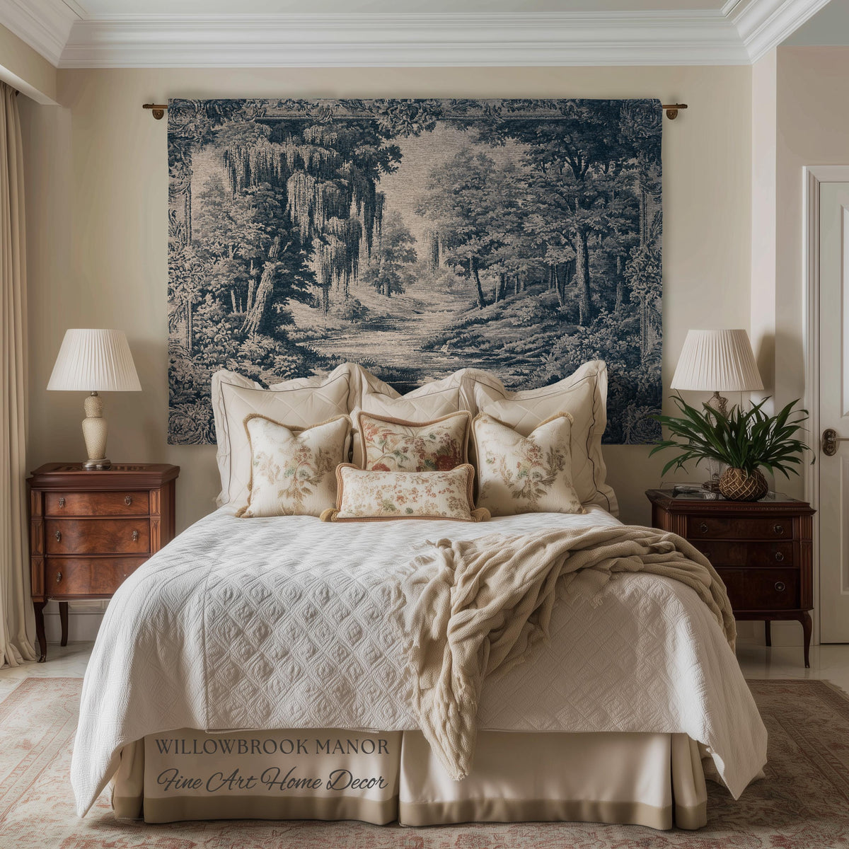 Museum Style Willow Woodland Woven Tapestry | Serene Pastoral Blue Landscape Rustic Elegance Jacquard Blanket Traditional Romantic Wall Art