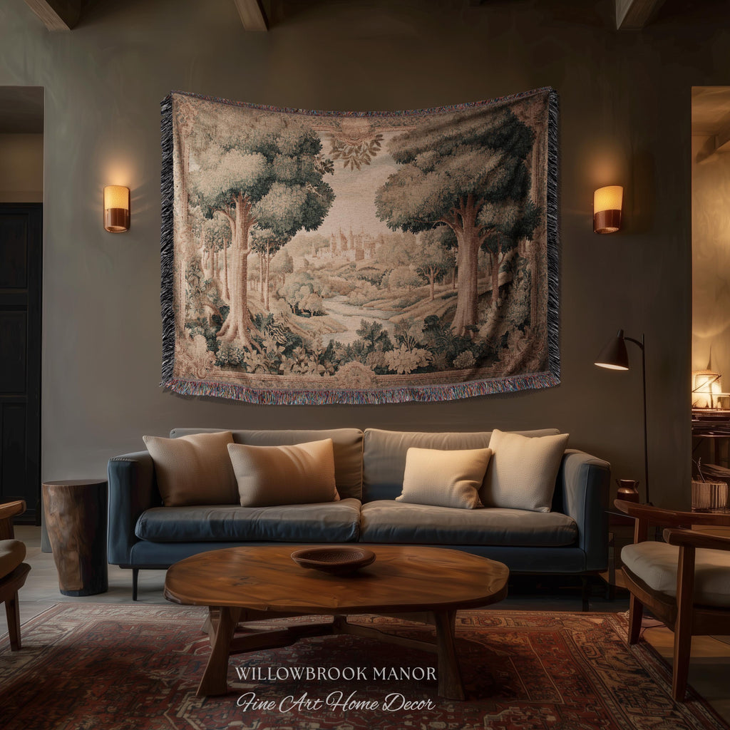 European Countryside Woven Tapestry French Verdure Art Scenic Wall Hanging | Romantic Classical Pastoral Scene Cozy Cotton Old World Decor