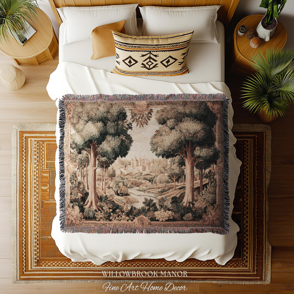 European Countryside Woven Tapestry French Verdure Art Scenic Wall Hanging | Romantic Classical Pastoral Scene Cozy Cotton Old World Decor