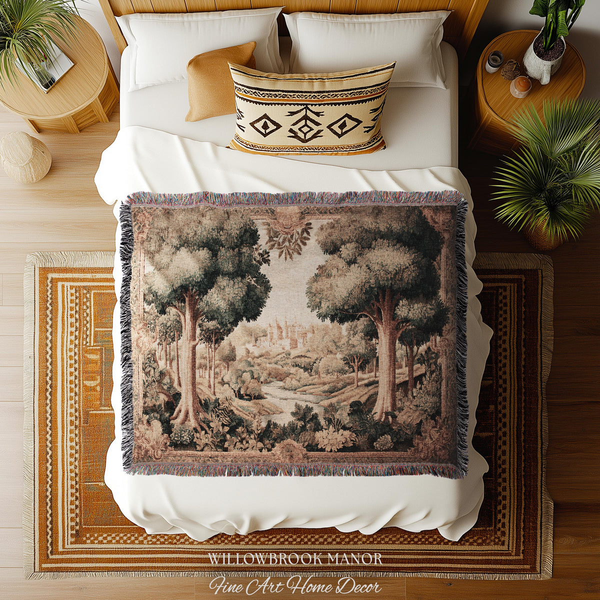 European Countryside Woven Tapestry French Verdure Art Scenic Wall Hanging | Romantic Classical Pastoral Scene Cozy Cotton Old World Decor