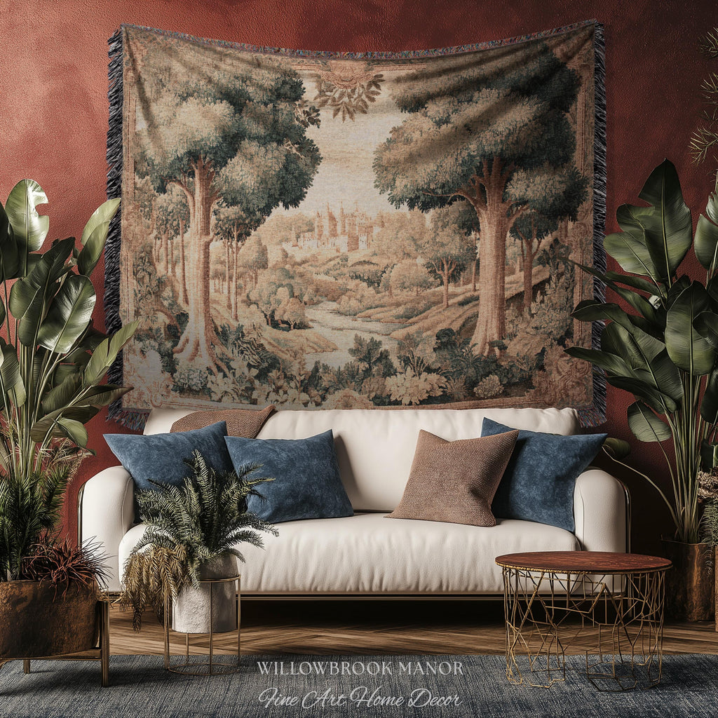 European Countryside Woven Tapestry French Verdure Art Scenic Wall Hanging | Romantic Classical Pastoral Scene Cozy Cotton Old World Decor