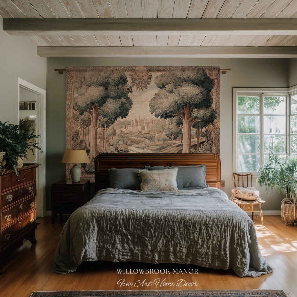 European Countryside Woven Tapestry French Verdure Art Scenic Wall Hanging | Romantic Classical Pastoral Scene Cozy Cotton Old World Decor